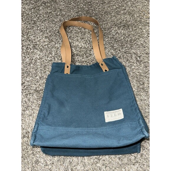 FEED Projects Tote Bag Reusable Teal Canvas Market Pockets Faux Leather Straps - Picture 2 of 11